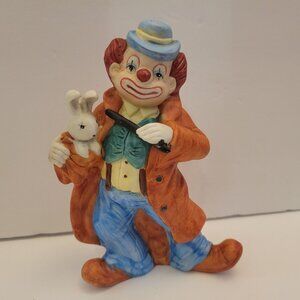 Vintage Enesco Ceramic Clown Figurine With Rabbit In Pocket